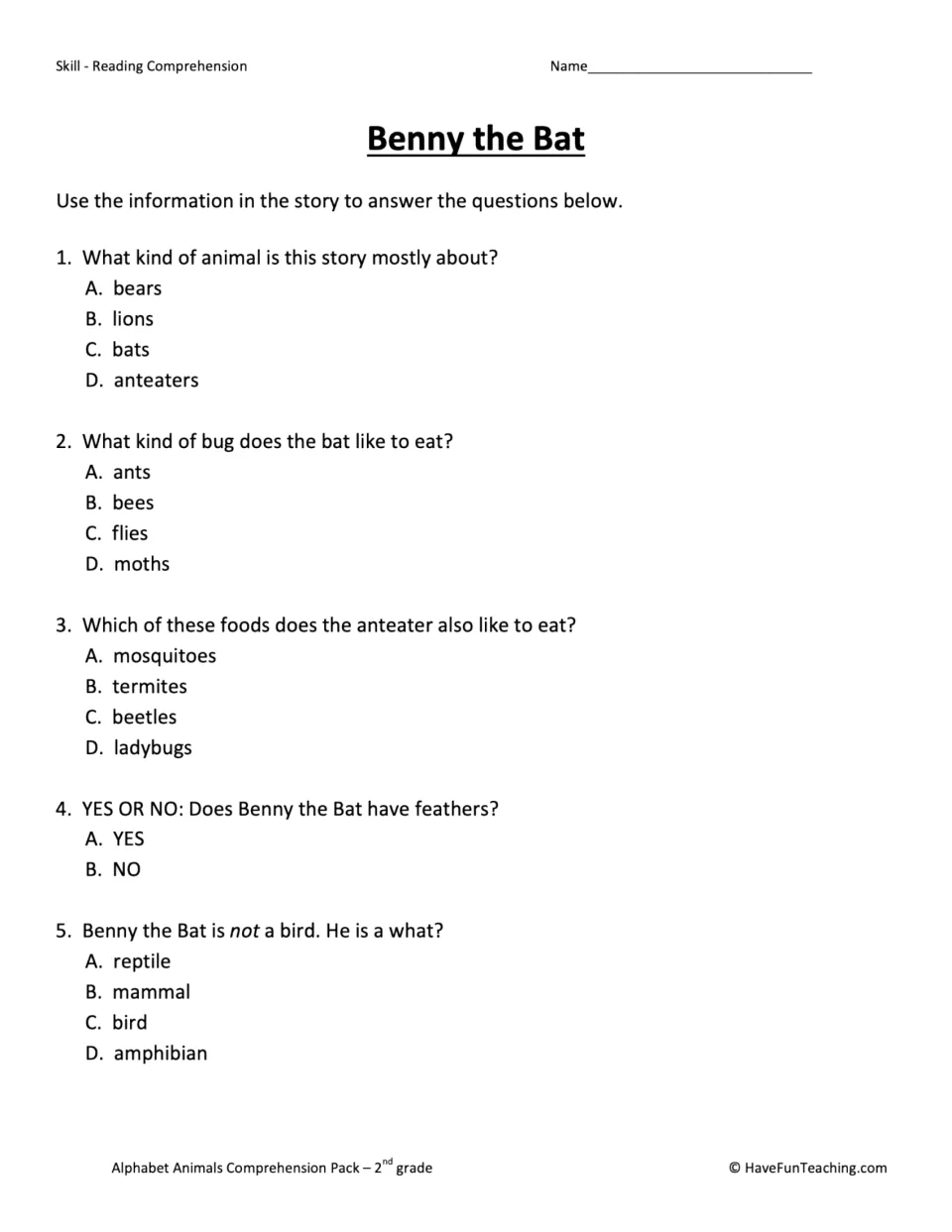 Benny the Bat comprehension test asks five questions about animal identity, insect foods, feathers, and mammals