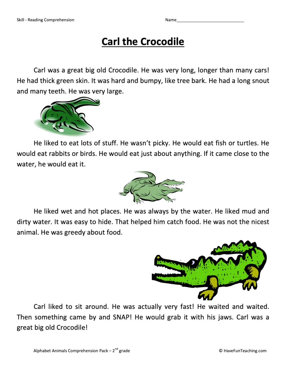 Carl the Crocodile reading passage describes his large body, bumpy skin, food, and hunting near water