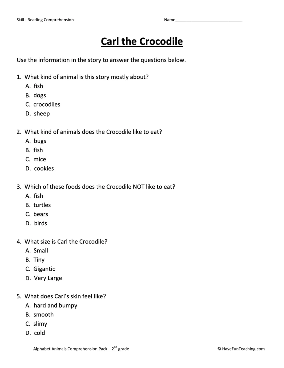 Carl the Crocodile comprehension test asks five questions about animal identity, foods, size, and skin