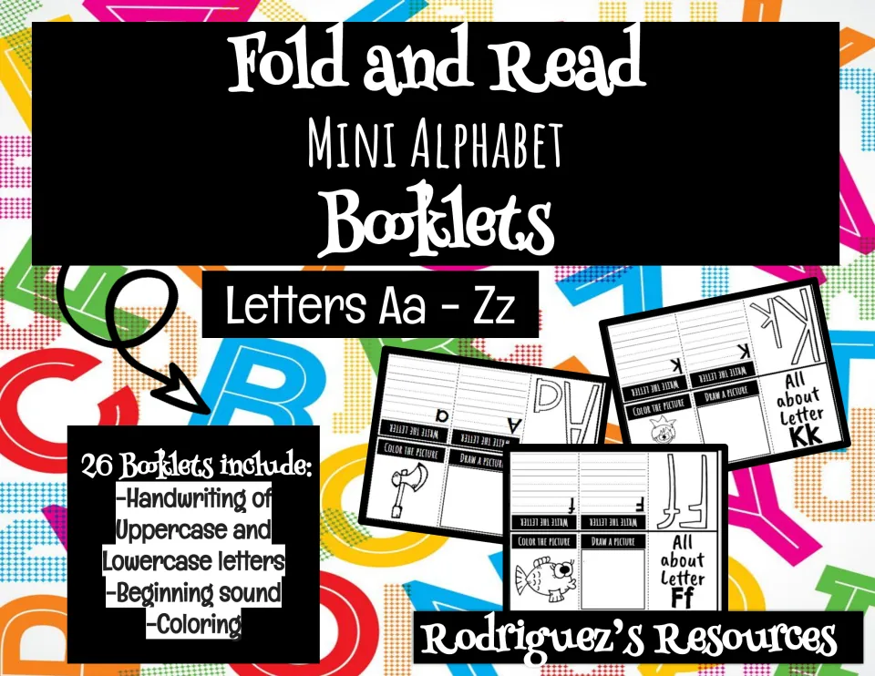 Cover of the alphabet mini book set, showing sample folded books and listing handwriting, sounds, and coloring