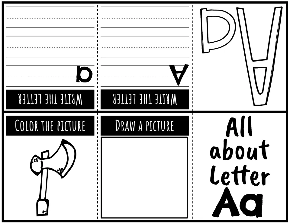 Letter Aa foldable booklet: uppercase and lowercase writing practice, an ax to color, and a drawing prompt
