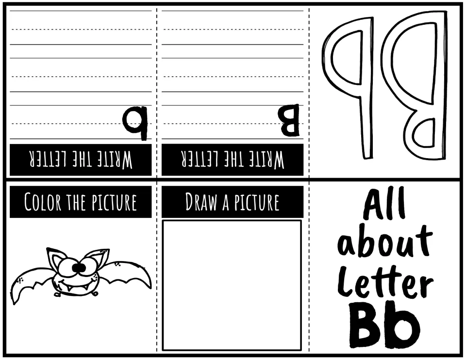 Letter Bb foldable booklet: uppercase and lowercase writing practice, a bat to color, and a drawing prompt