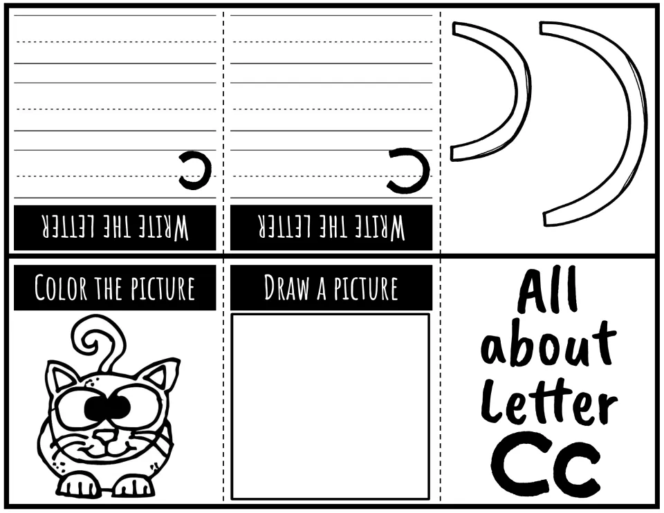Letter Cc foldable booklet: uppercase and lowercase writing practice, a cat to color, and a drawing prompt