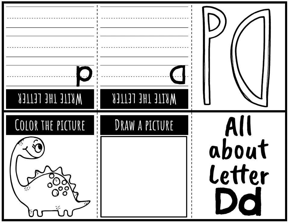 Letter Dd foldable booklet: uppercase and lowercase writing practice, a dinosaur to color, and a drawing prompt