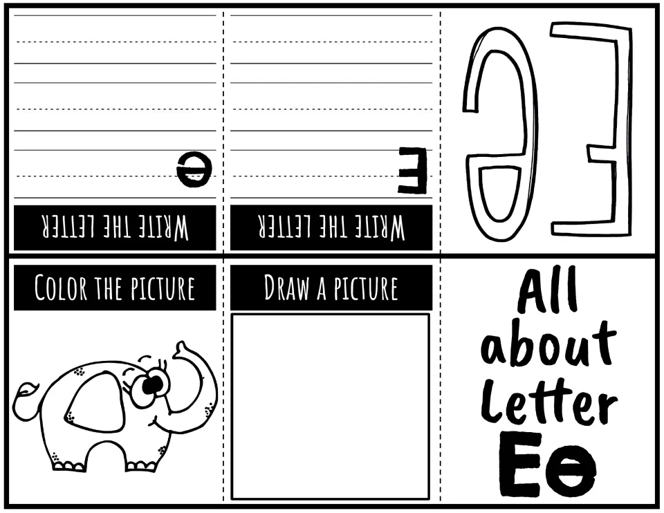 Letter Ee foldable booklet: uppercase and lowercase writing practice, an elephant to color, and a drawing prompt