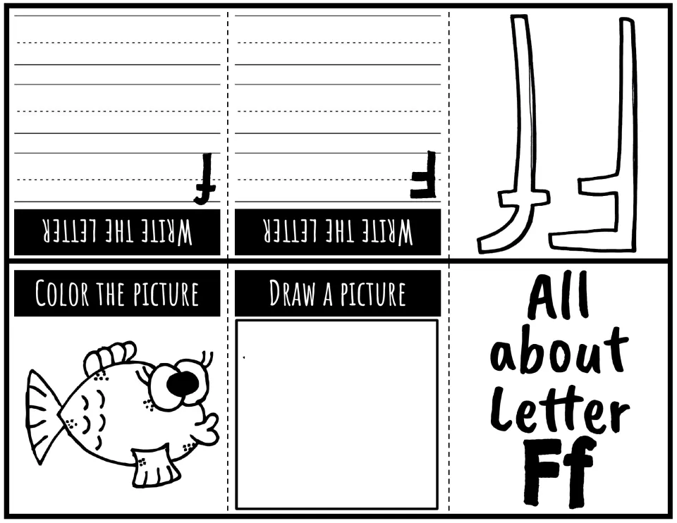Letter Ff foldable booklet: uppercase and lowercase writing practice, a fish to color, and a drawing prompt