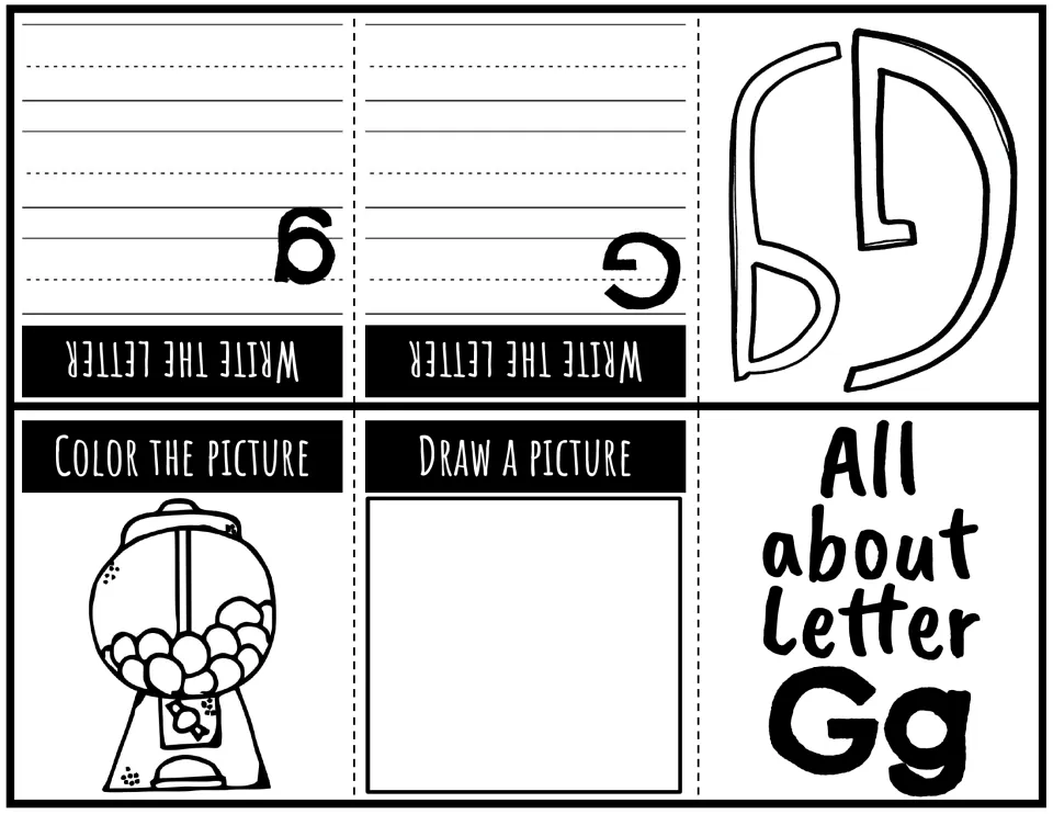 Letter Gg foldable booklet: uppercase and lowercase writing, a gumball machine to color, and a drawing prompt