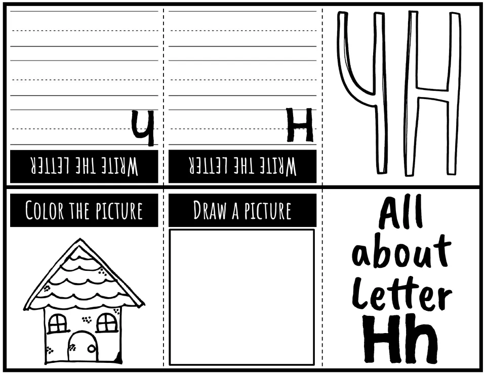 Letter Hh foldable booklet: uppercase and lowercase writing practice, a house to color, and a drawing prompt
