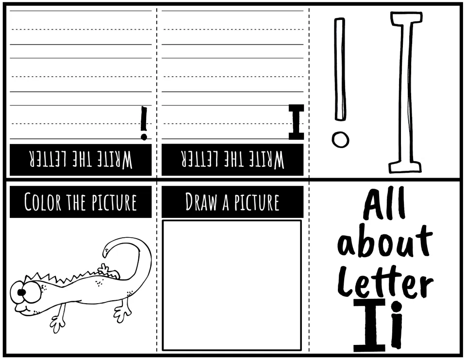 Letter Ii foldable booklet: uppercase and lowercase writing practice, an iguana to color, and a drawing prompt