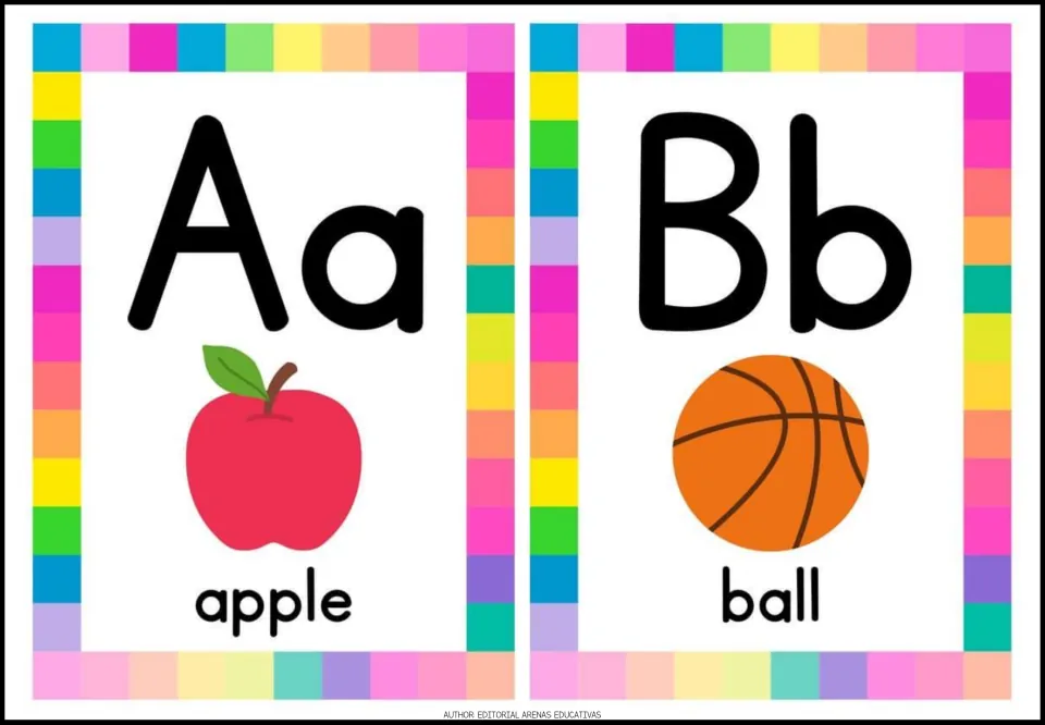 Alphabet cards 1–2: uppercase and lowercase Aa and Bb, with labeled pictures of an apple and a ball