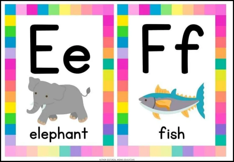 Alphabet cards 5–6: uppercase and lowercase Ee and Ff, with labeled pictures of an elephant and a fish