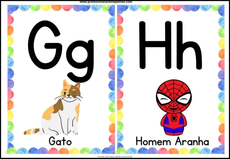 Alphabet cards 7–8: Gg and Hh, with pictures labeled in Portuguese 'Gato' (cat) and 'Homem Aranha' (Spider-Man)