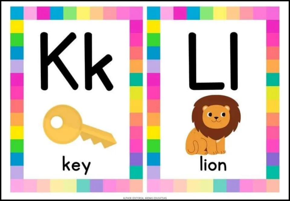 Alphabet cards 11–12: uppercase and lowercase Kk and Ll, with labeled pictures of a key and a lion