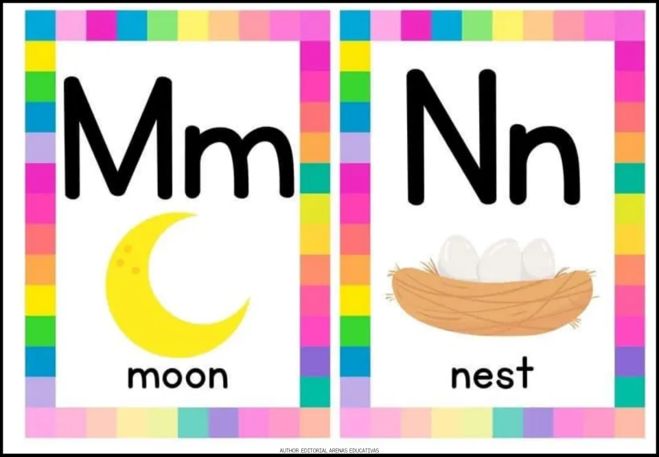 Alphabet cards 13–14: uppercase and lowercase Mm and Nn, with labeled pictures of a moon and a nest