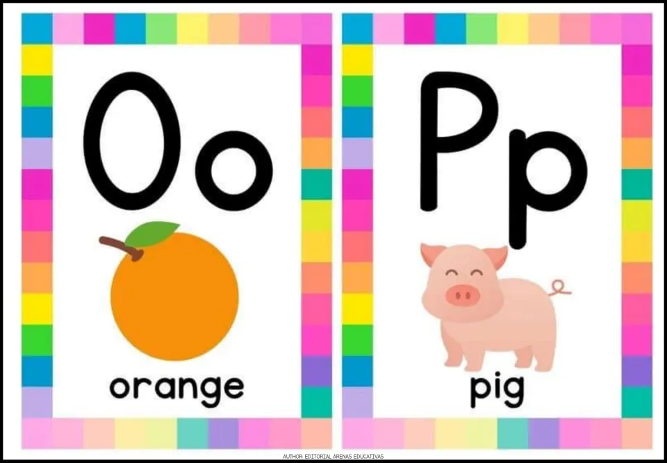 Alphabet cards 15–16: uppercase and lowercase Oo and Pp, with labeled pictures of an orange and a pig