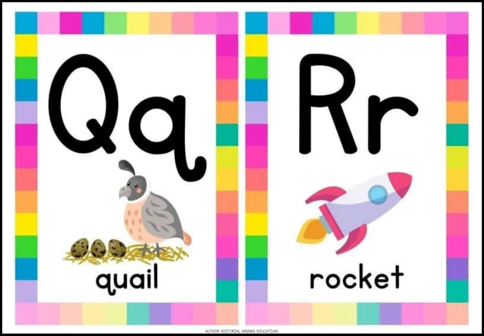 Alphabet cards 17–18: uppercase and lowercase Qq and Rr, with labeled pictures of a quail and a rocket