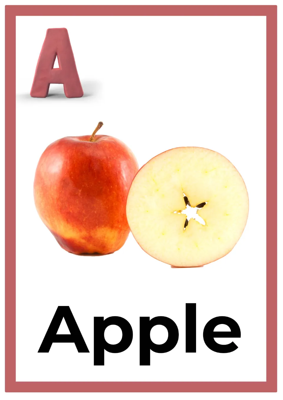 Letter A alphabet card: a pink clay capital A above a photo of a whole red apple and a slice, labeled with the word Apple