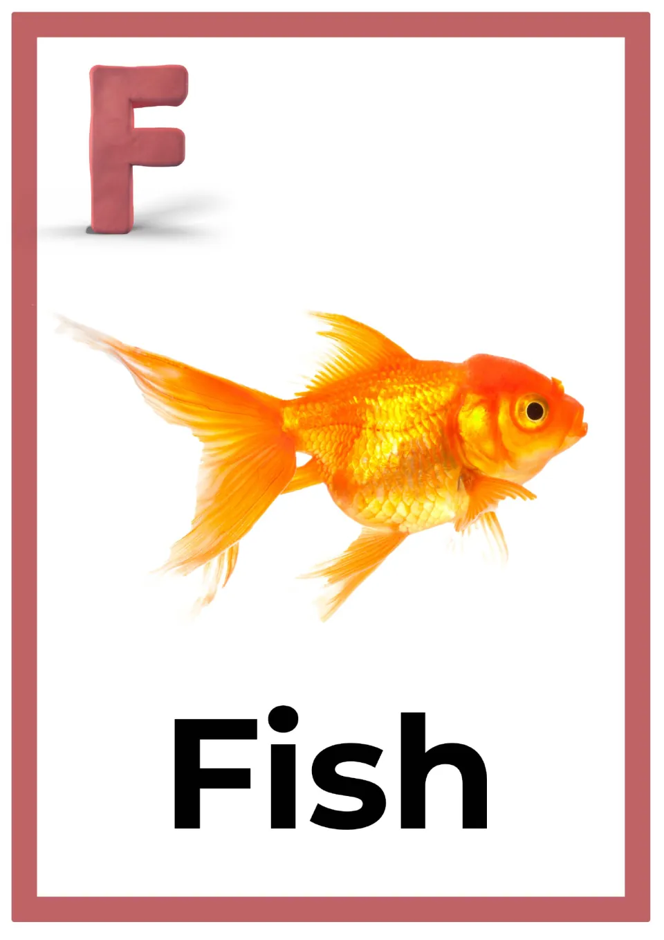 Letter F alphabet card: a pink clay capital F above a photo of an orange goldfish swimming, labeled with the word Fish