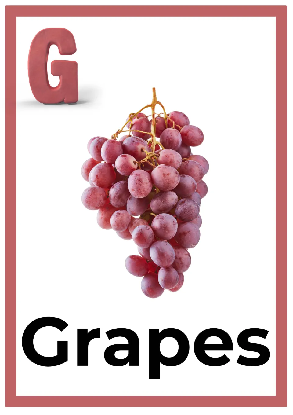 Letter G alphabet card: a pink clay capital G above a photo of a bunch of red grapes, labeled with the word Grapes