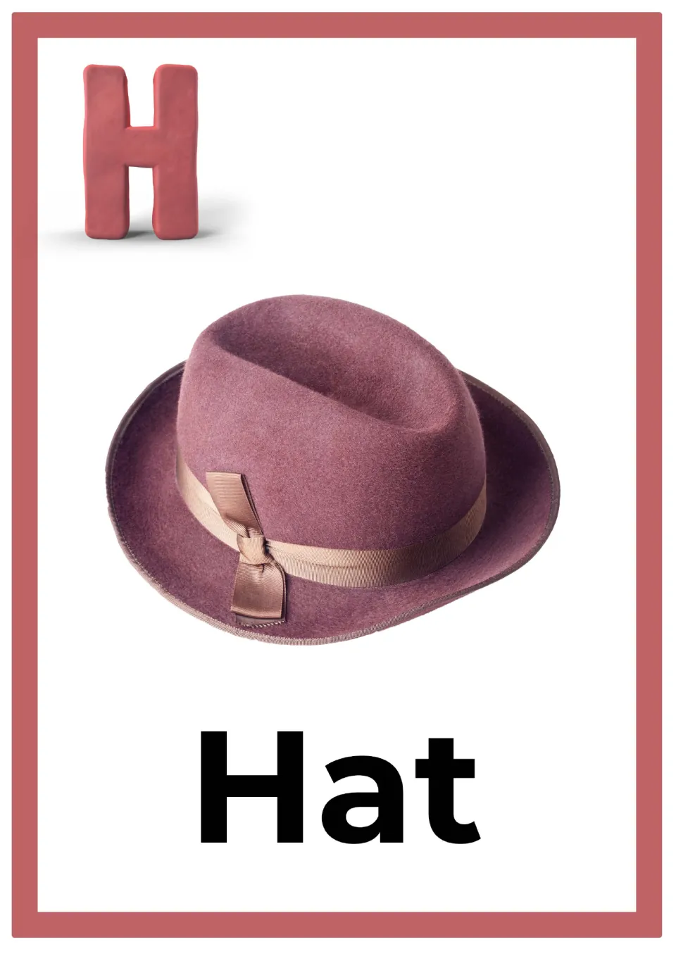 Letter H alphabet card: a pink clay capital H above a photo of a mauve felt hat with a bow band, labeled with the word Hat