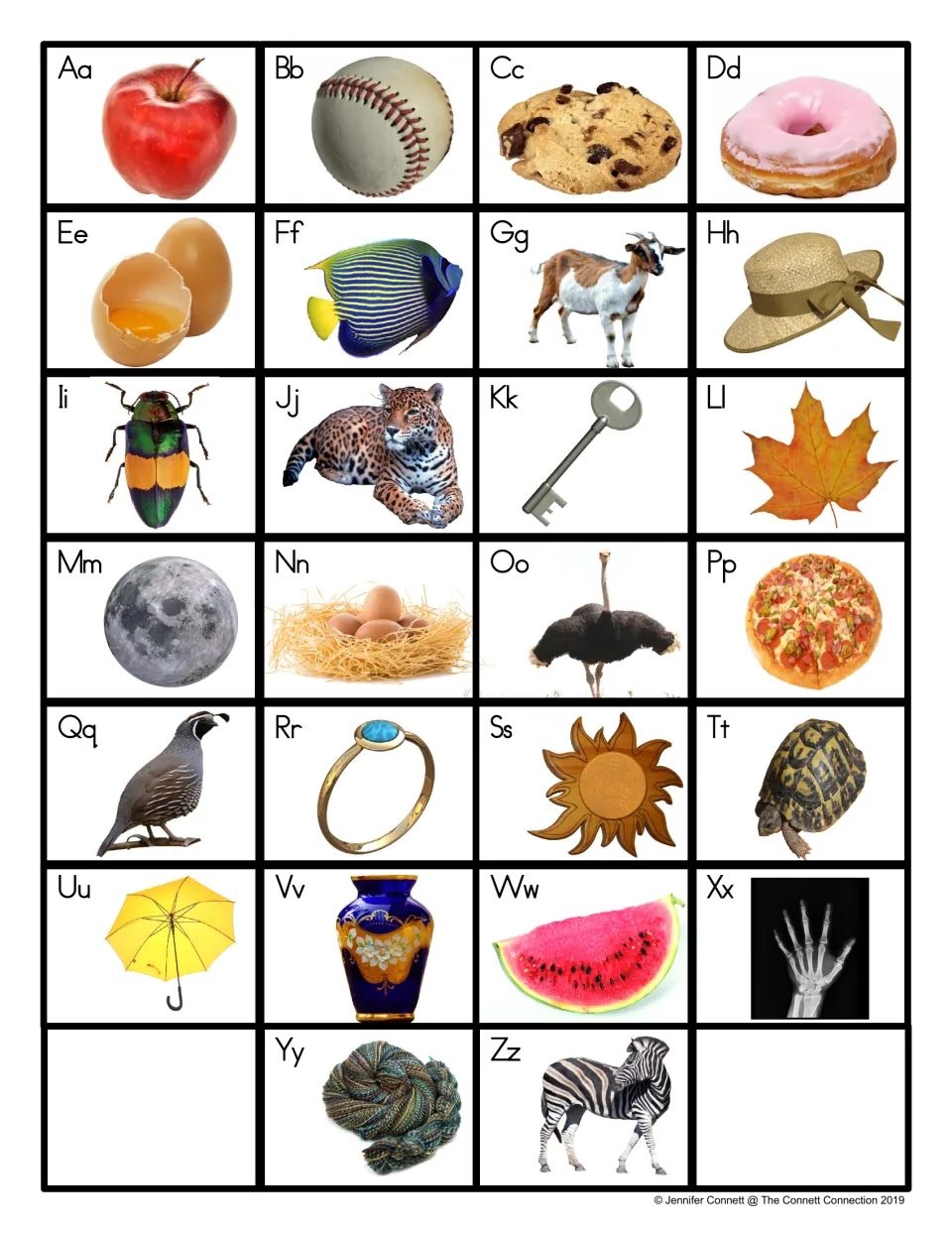 Alphabet chart, Aa to Zz, pairing each letter with a photo for its sound: apple, ball, cookie, donut, x-ray for Xx, zebra