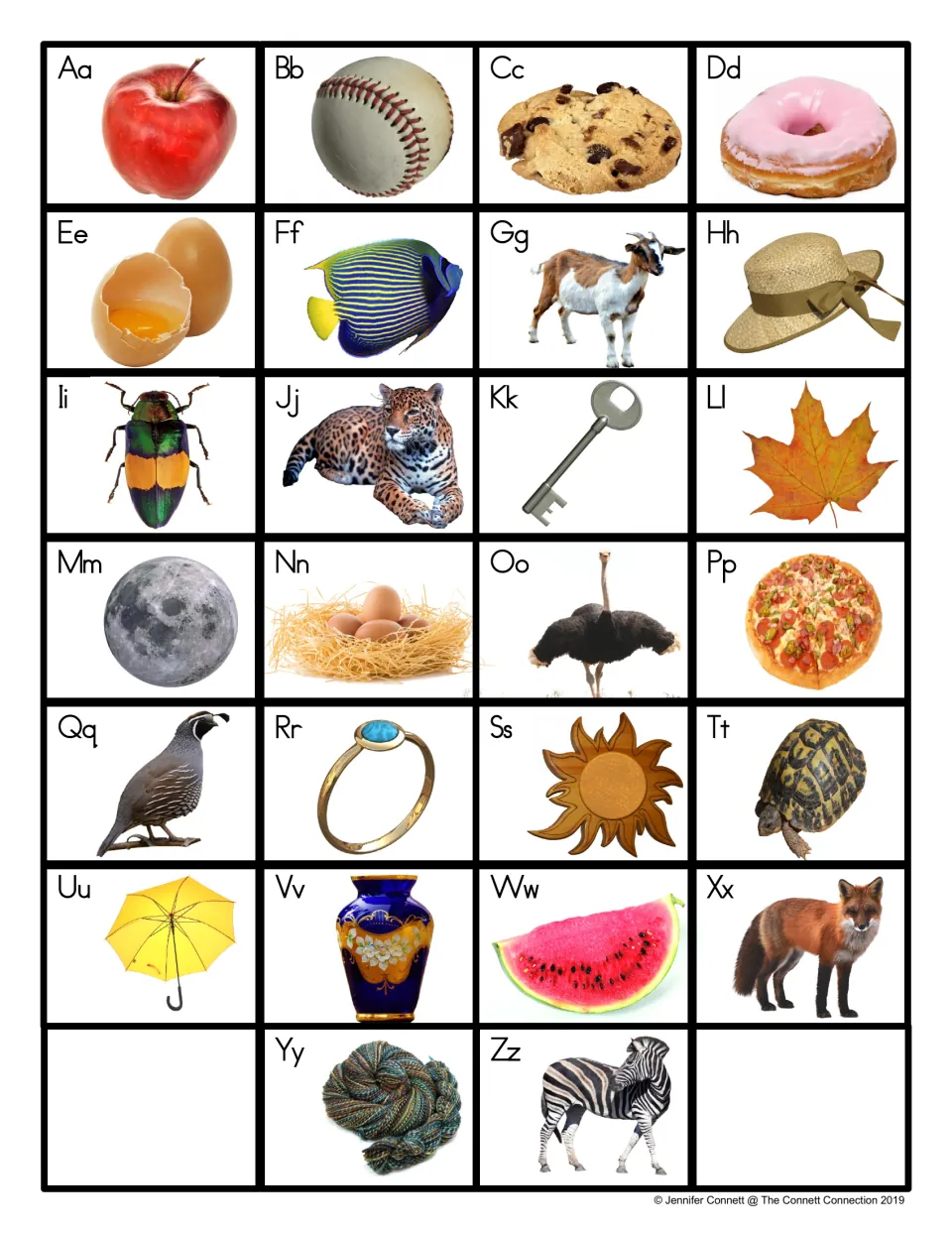 Letter-sound chart version with a fox for Xx; other letters keep their photos, such as goat for Gg, moon for Mm, yarn for Yy