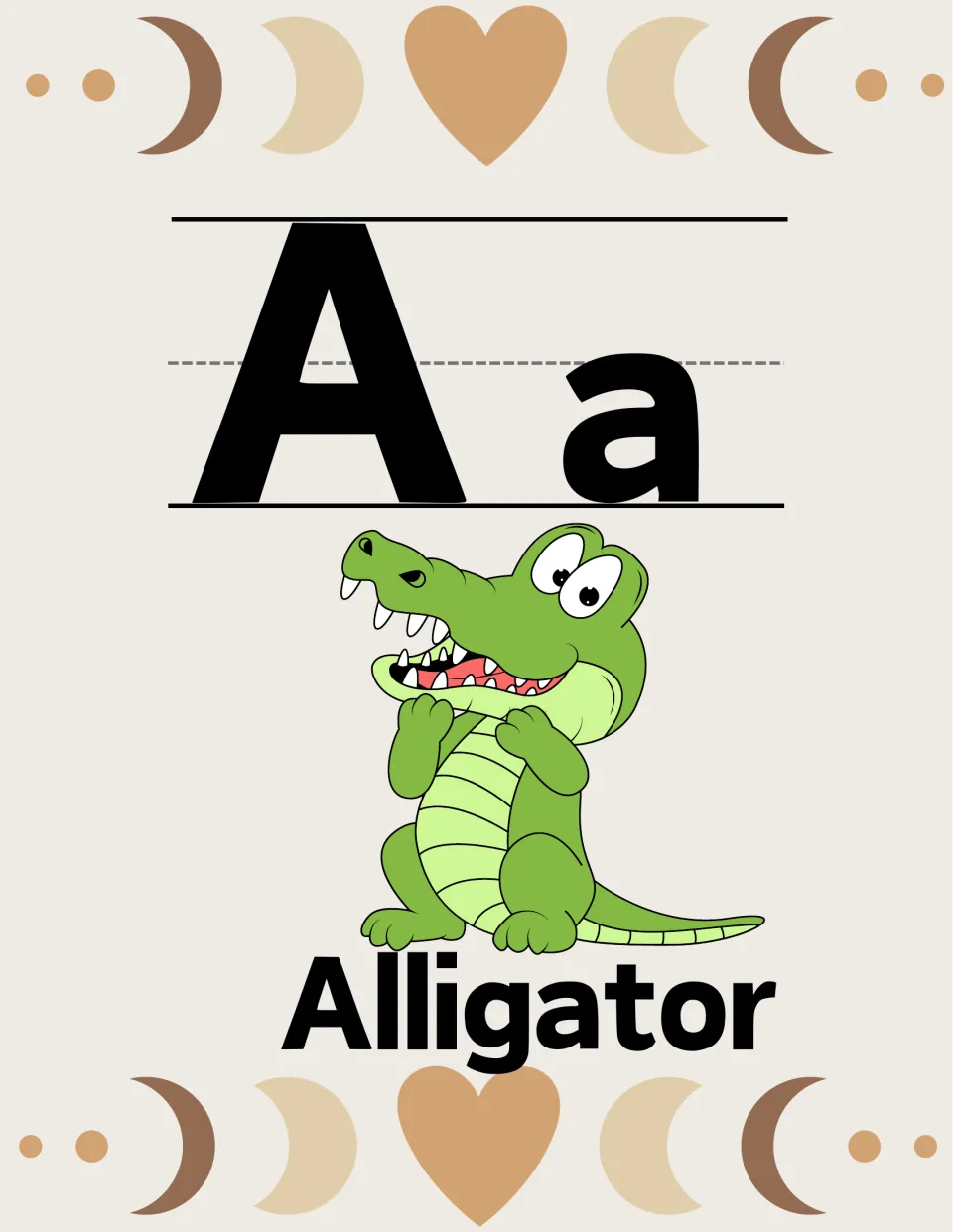 Alphabet poster for letter A: uppercase A, lowercase a, and an alligator illustration labeled 'Alligator'.
