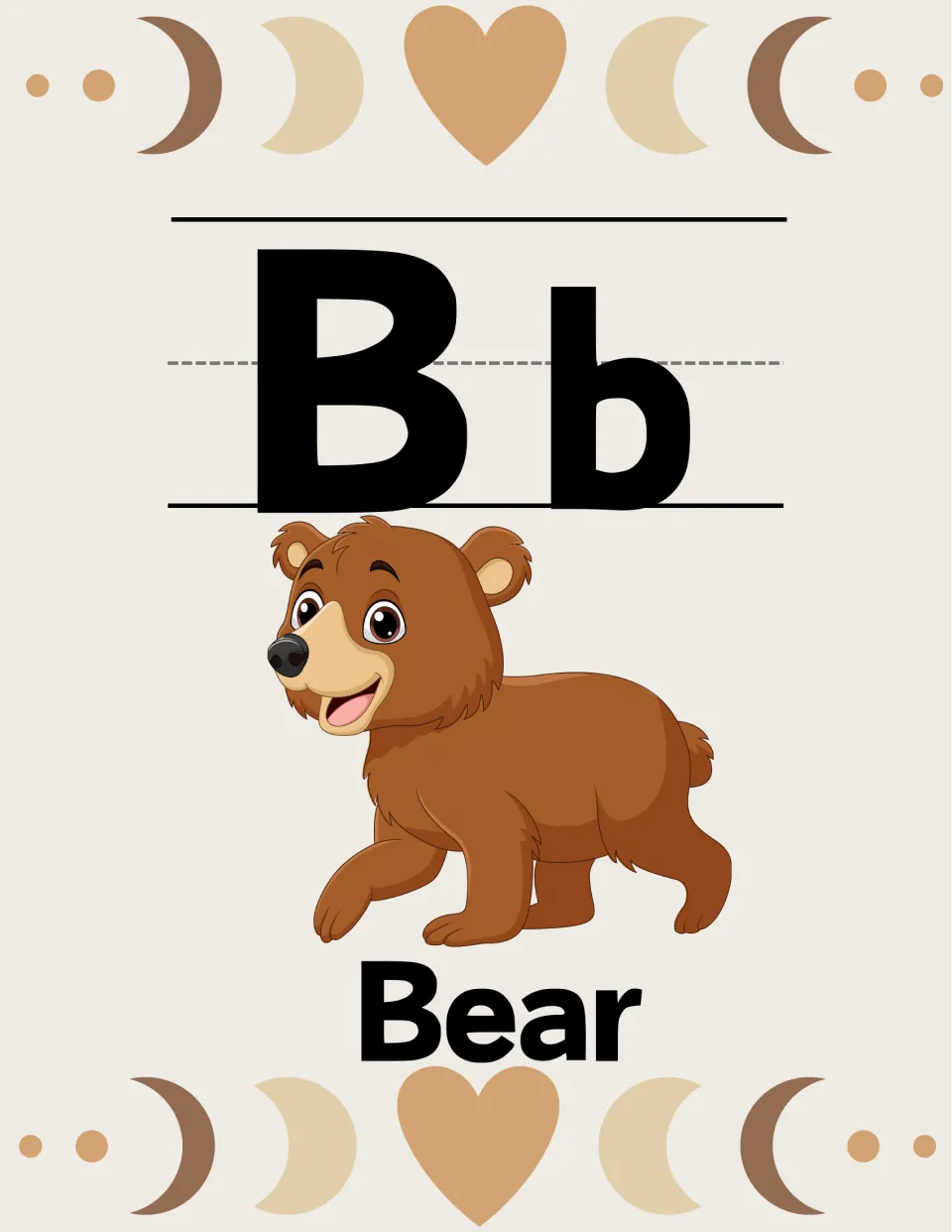 Alphabet poster for letter B: uppercase B and lowercase b paired with a bear illustration labeled 'Bear'.