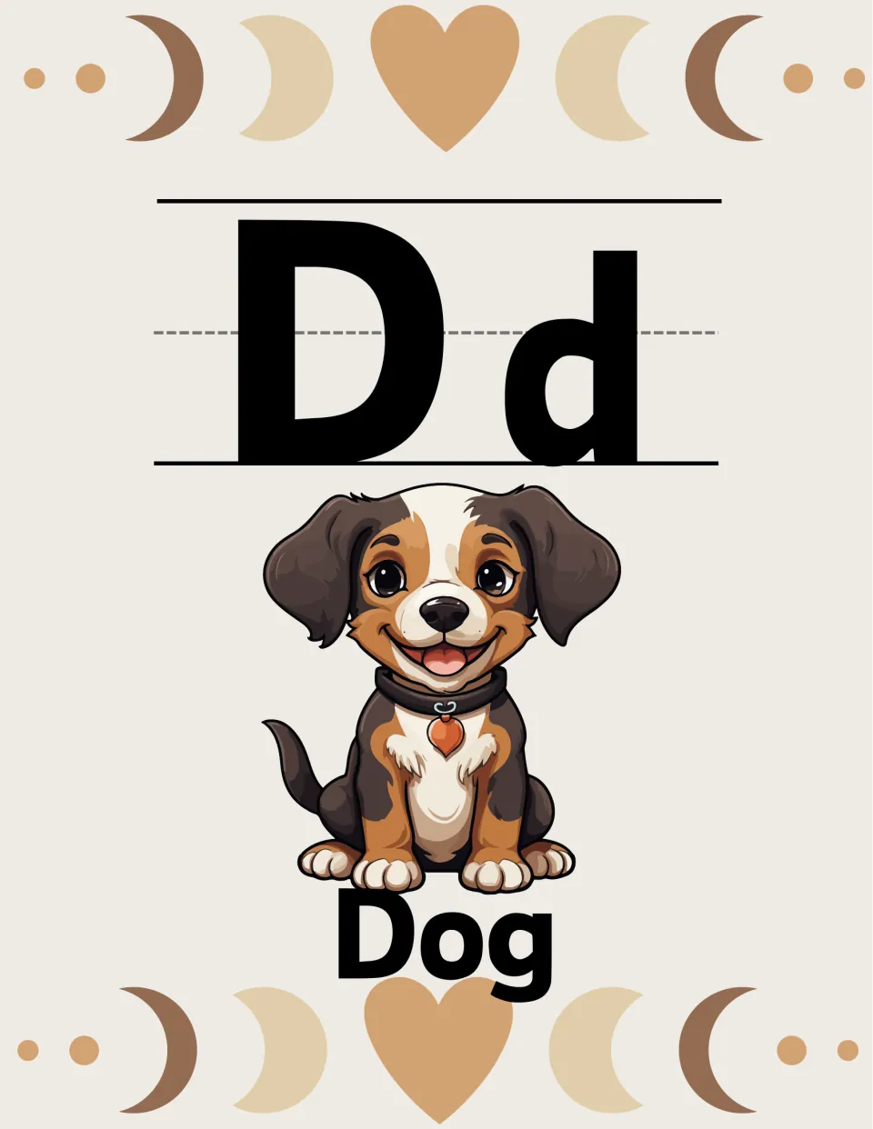 Alphabet poster for letter D: uppercase D and lowercase d paired with a dog illustration labeled 'Dog'.