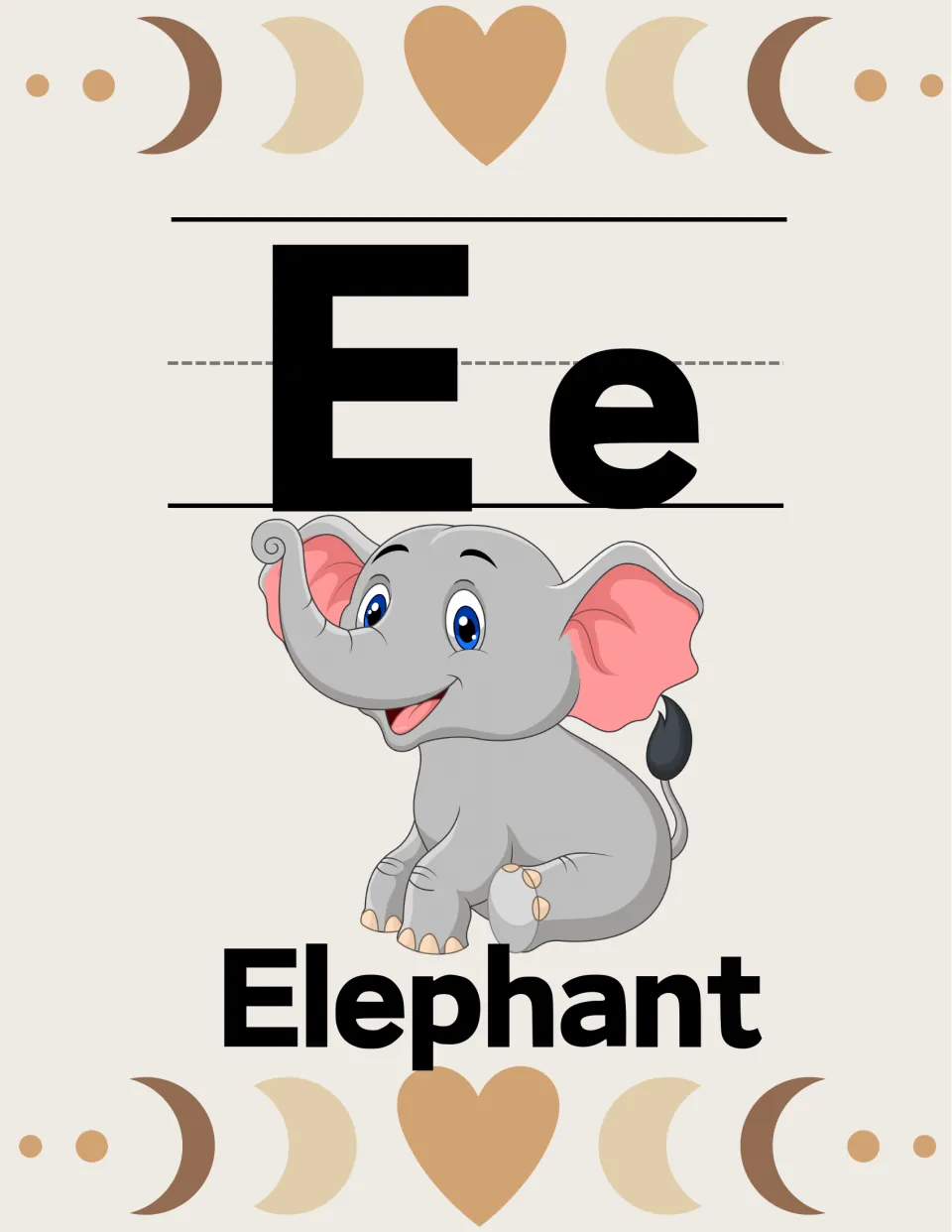 Alphabet poster for letter E: uppercase E, lowercase e, and an elephant illustration labeled 'Elephant'.