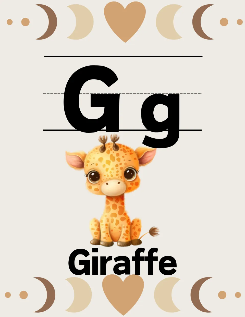 Alphabet poster for letter G: uppercase G, lowercase g, and a giraffe illustration labeled 'Giraffe'.