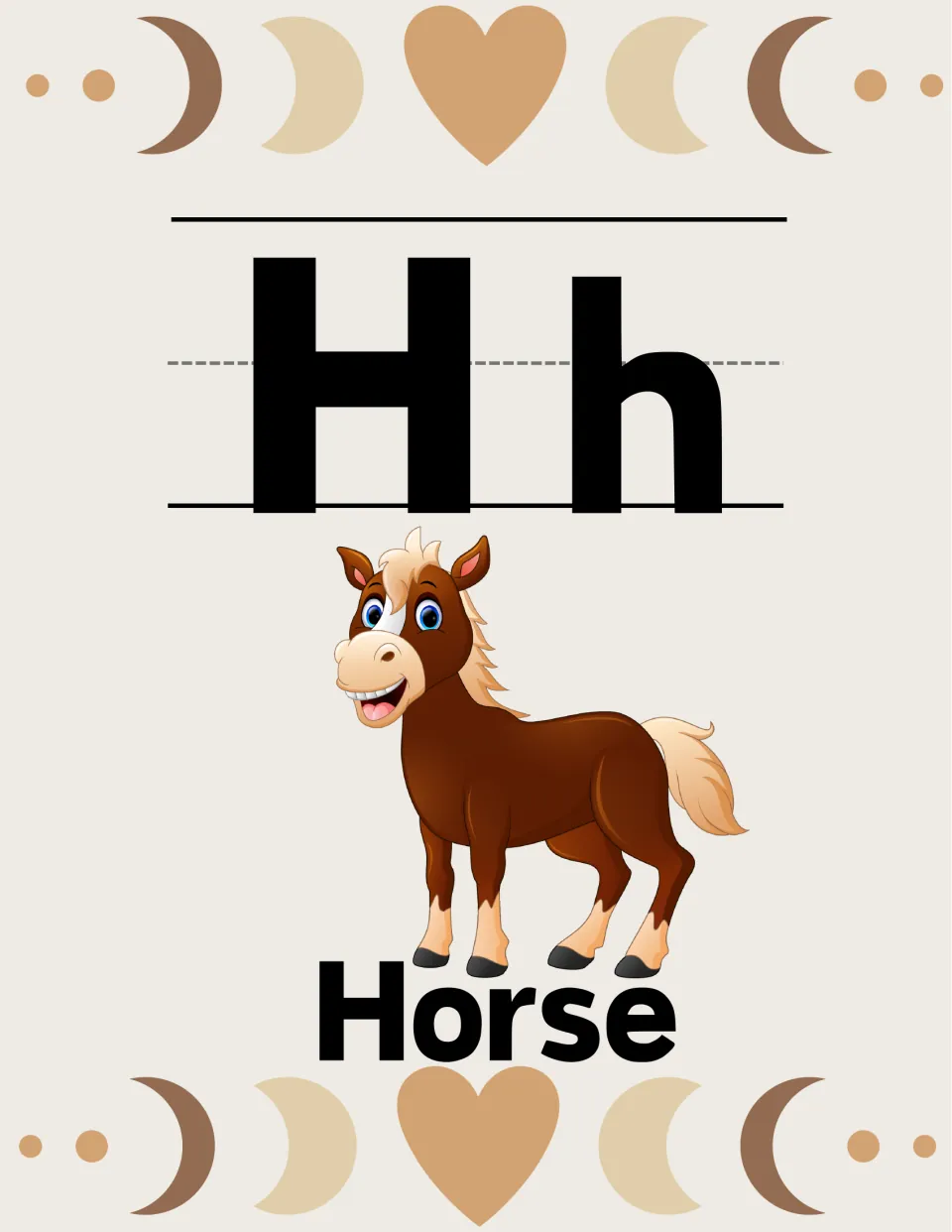 Alphabet poster for letter H: uppercase H and lowercase h paired with a horse illustration labeled 'Horse'.
