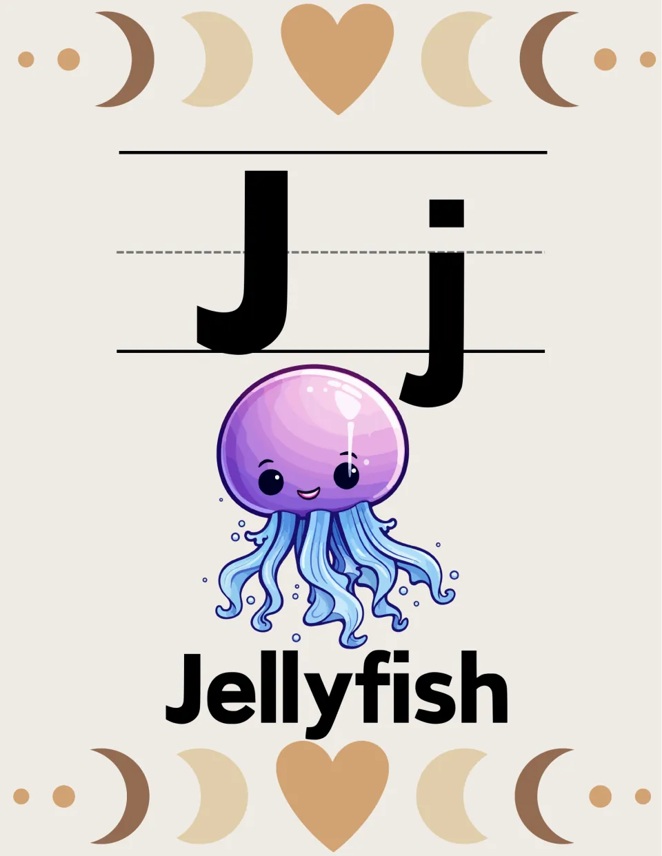 Alphabet poster for letter J: uppercase J, lowercase j, and a jellyfish illustration labeled 'Jellyfish'.