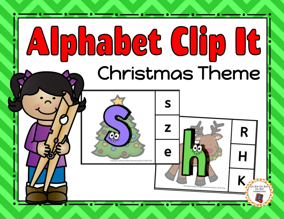 Alphabet Clip It Christmas Theme cover showing sample cards for lowercase s and h with letter choices to clip