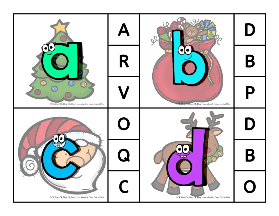 Clip cards 1–4: lowercase a, b, c, d, each with three uppercase choices to clip, such as A, R, V for a
