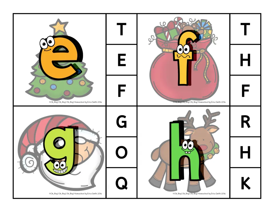 Clip cards 5–8: lowercase e, f, g, h on Christmas pictures, matched to uppercase choices like T, E, F for e