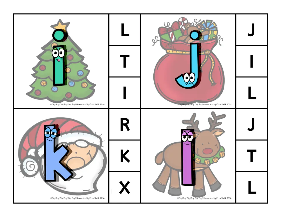 Clip cards 9–12: lowercase i, j, k, l, each with three uppercase choices, such as L, T, I for i