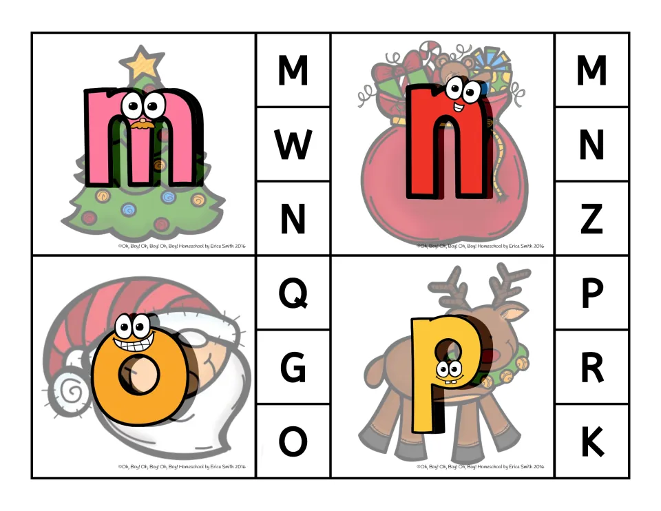 Clip cards 13–16: lowercase m, n, o, p with uppercase choices, such as M, W, N for m and Q, G, O for o