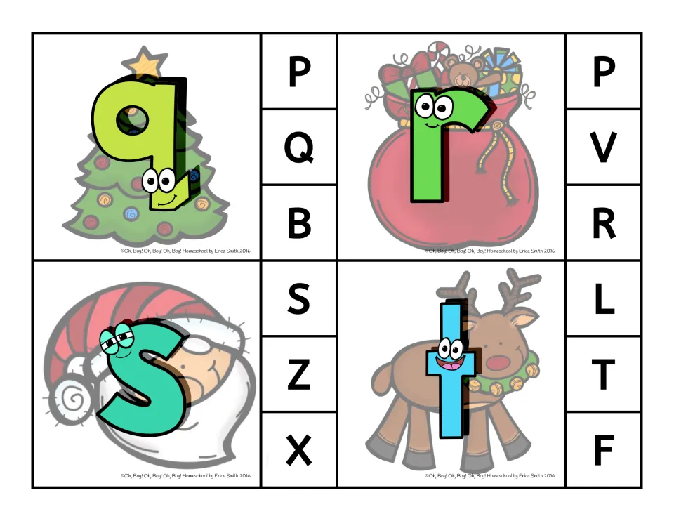 Clip cards 17–20: lowercase q, r, s, t on a tree, toy sack, Santa and reindeer, with uppercase choices