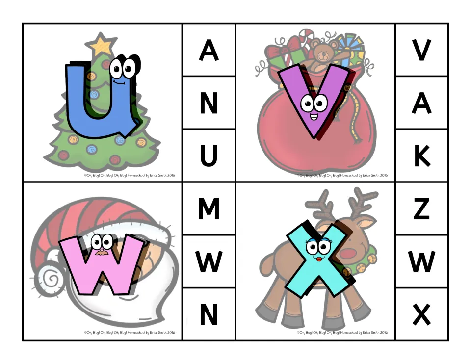Clip cards 21–24: lowercase u, v, w, x, each with three uppercase choices, such as Z, W, X for x