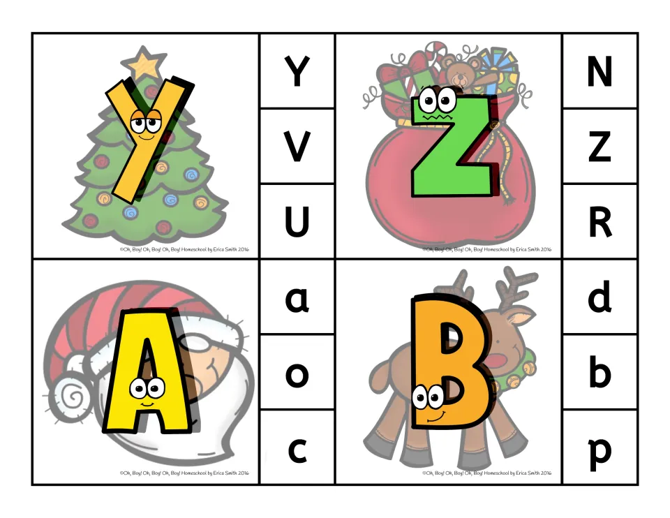 Clip cards 25–28: lowercase y and z with uppercase choices, then uppercase A and B with lowercase choices