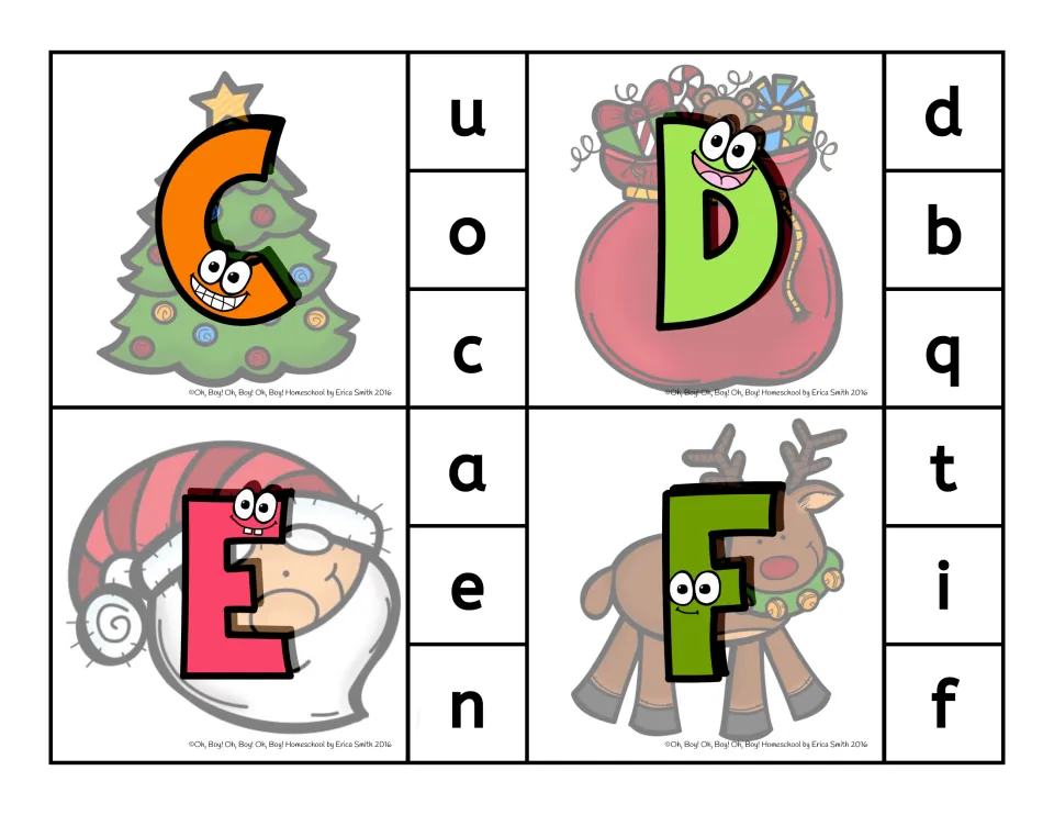 Clip cards 29–32: uppercase C, D, E, F, each with three lowercase choices, such as u, o, c for C