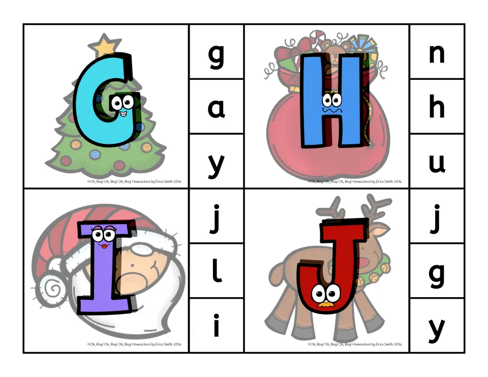 Clip cards 33–36: uppercase G, H, I, J with lowercase choices, such as j, l, i for I and j, g, y for J
