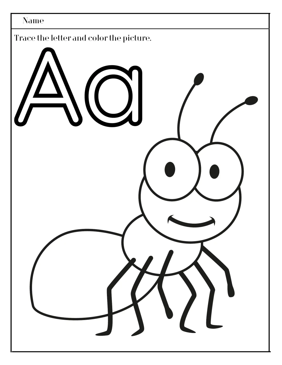 Letter A: students trace outlined uppercase A and lowercase a, then color a smiling ant to practise letter formation