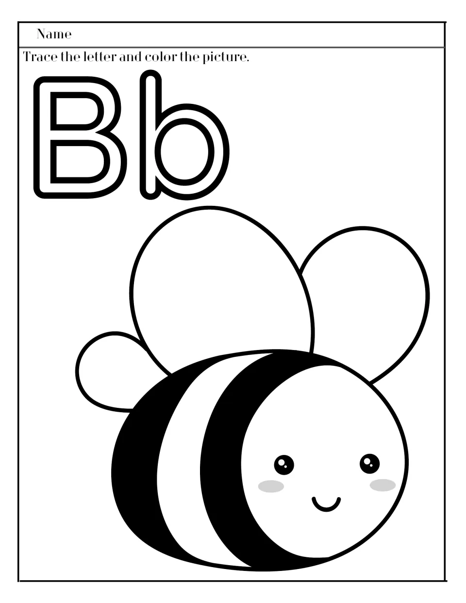 Letter B: students trace outlined uppercase B and lowercase b, then color a round striped bee for letter formation