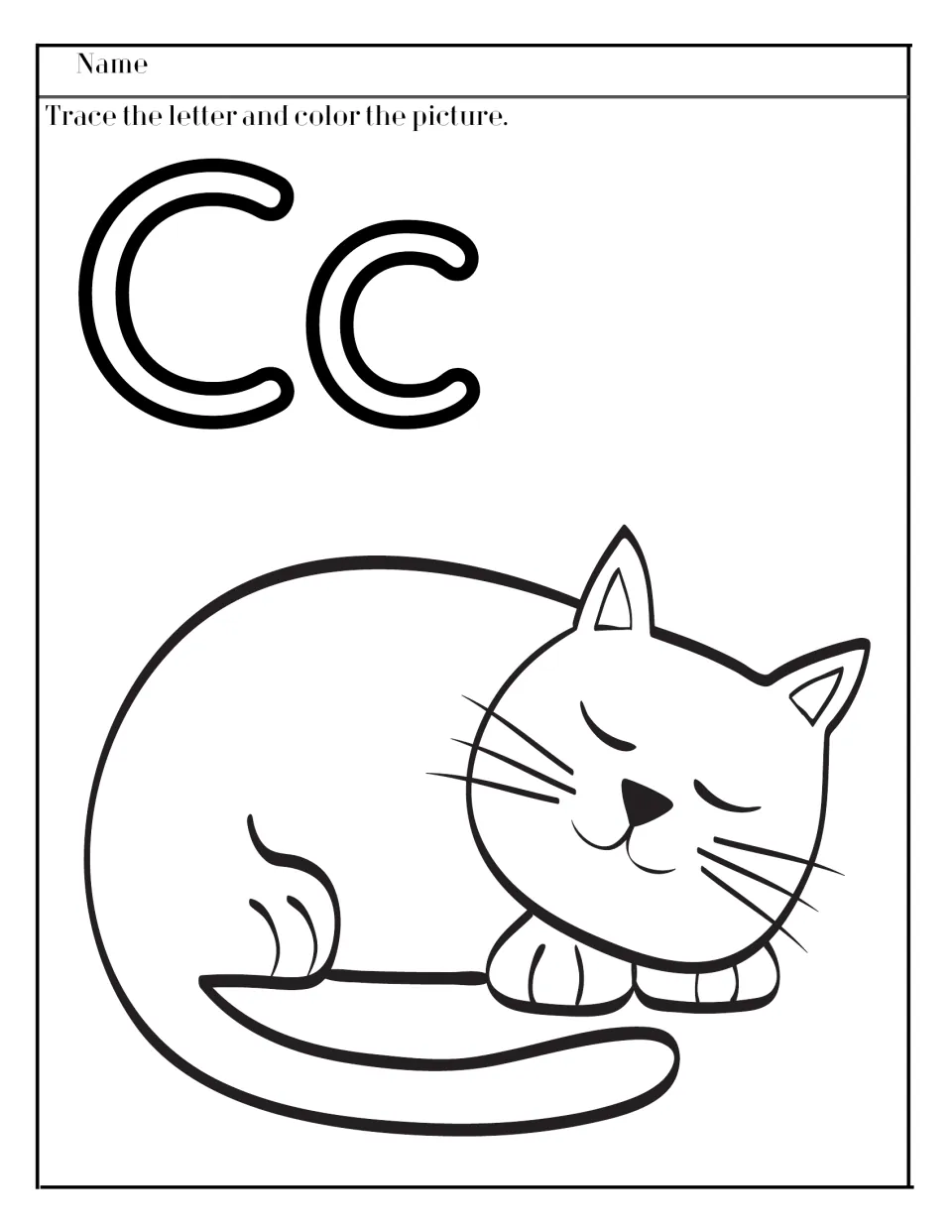 Letter C: students trace outlined uppercase C and lowercase c, then color a curled-up sleeping cat for letter formation