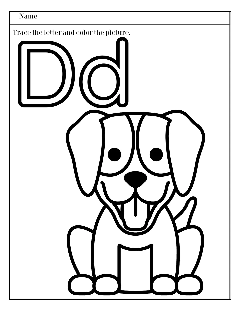 Letter D: students trace outlined uppercase D and lowercase d, then color a sitting puppy dog to practise letter formation