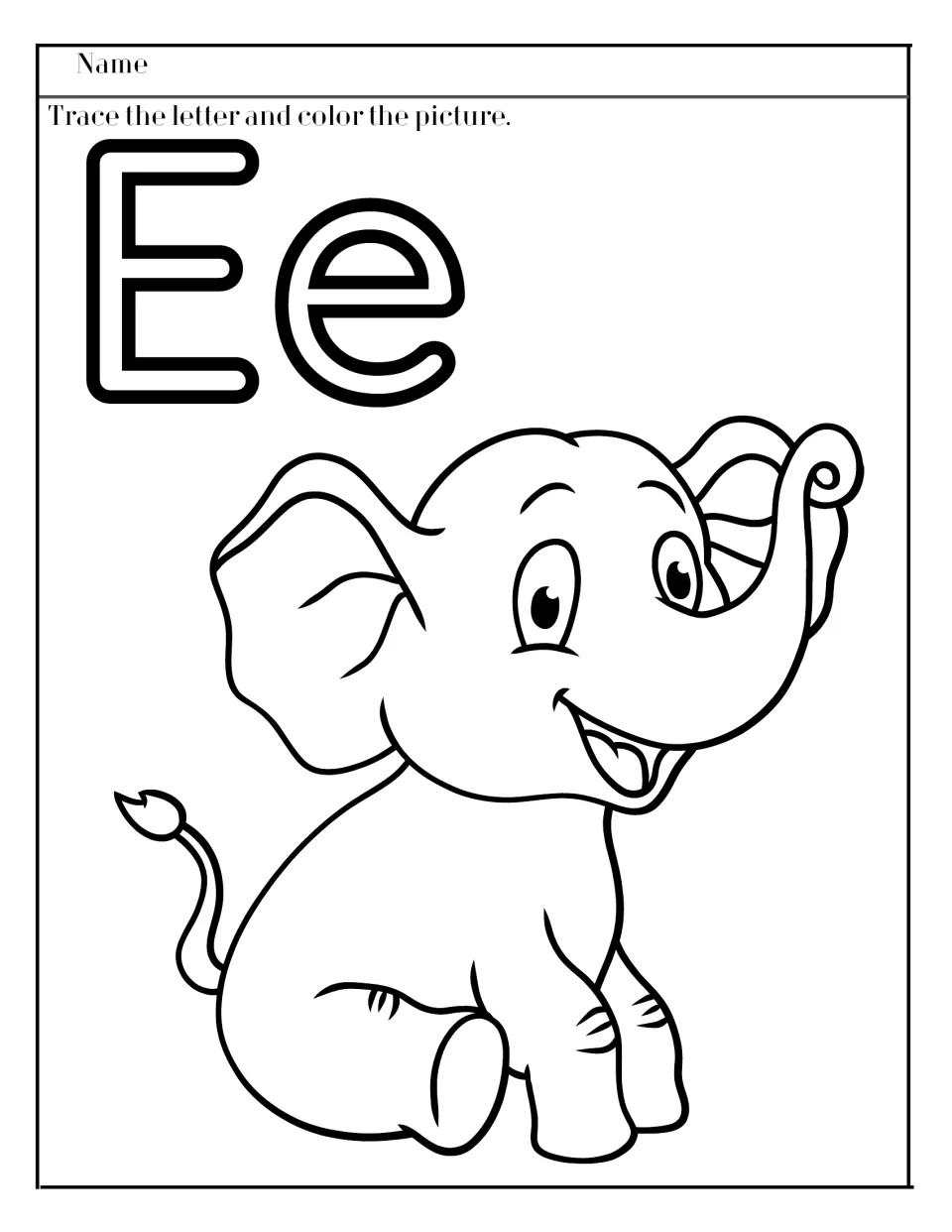 Letter E: students trace outlined uppercase E and lowercase e, then color a happy baby elephant for letter formation
