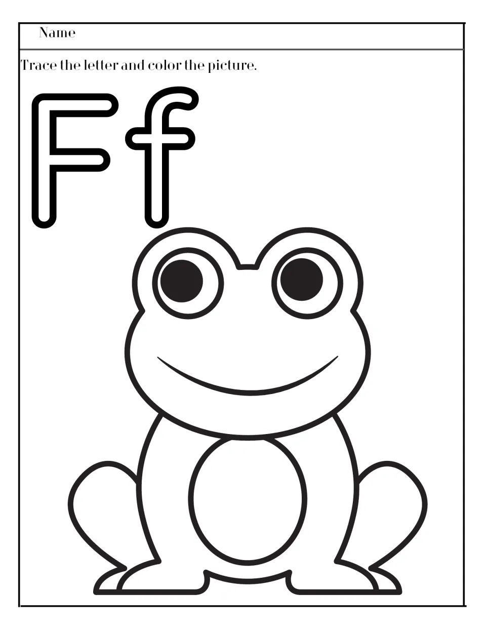 Letter F: students trace outlined uppercase F and lowercase f, then color a smiling frog to practise letter formation