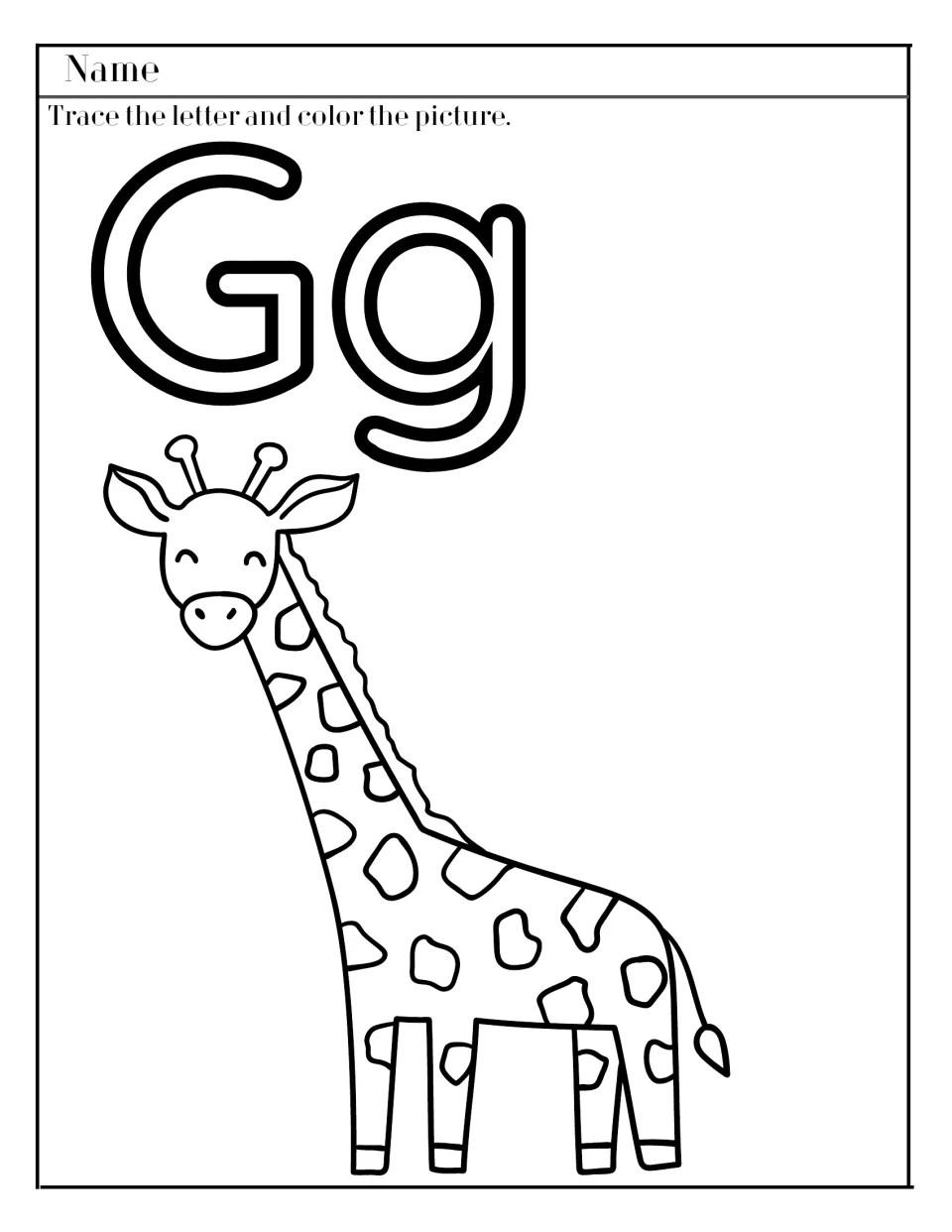 Letter G: students trace outlined uppercase G and lowercase g, then color a spotted giraffe to practise letter formation